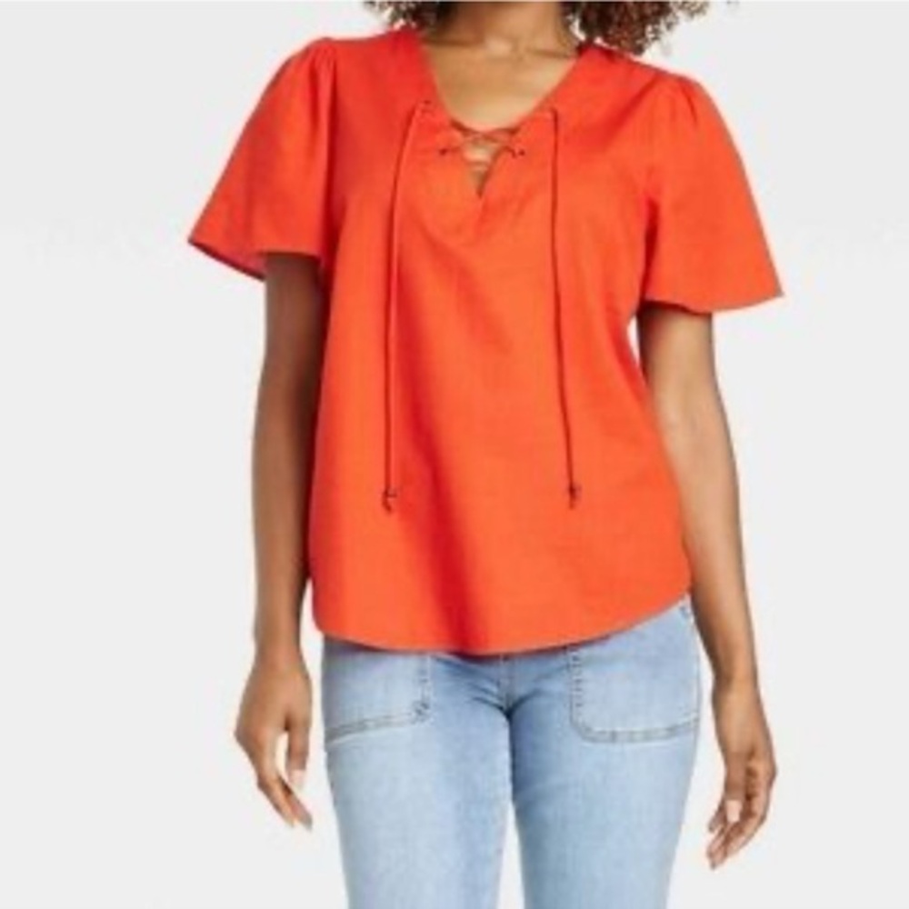 Knox Rose Women's Coral Red Lace Up Bodice Tie Short Sleeve Top NWT S #2316